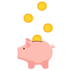 Falling coins in a pink piggy bank in the form of a pig.  Money accumulation concept.  Background for business and finance.Isolated on white background
