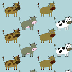 Obraz premium Pattern with painted colorful cows. Can be used for wallpaper, textiles, packaging, cards, covers. Small cute animal on a blue background.