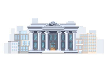 The bank building is gray against the background of the city. Two-story bank building in flat style - obrazy, fototapety, plakaty