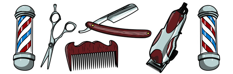 A set of items for the barberop. Scissors, straight razor, comb, scissors and hair clipper. Isolated on white background