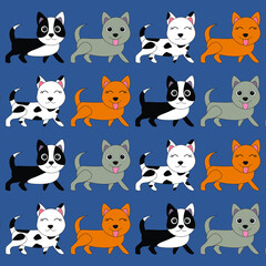 Dogs pattern on a blue background. Cute animals