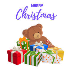 Christmas gifts with a teddy bear. Top inscription Merry Christmas. Isolated over white background. Festive mood