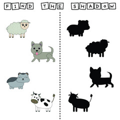 Find a pair or shadow  game with funny sheep, dog, hamster, cow.  Worksheet for preschool kids, kids activity sheet, printable worksheet 
