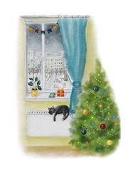 Christmas tree by the window. New Year's illustration