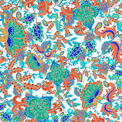 Fototapeta na wymiar Watercolor seamless pattern with folky flowers and leaves in ethnic style. Floral decoration. Traditional paisley pattern. Textile design texture.Tribal ethnic vintage seamless pattern.