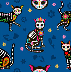 Seamless pattern with sugar skull Calavera black cats in Mexican style for the holiday of Day of the Dead, Dia de Muertos and Halloween. Cats and colorful decorative flowers on a black background.