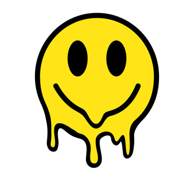 Melting smile. Funny psychedelic surreal techno acid LSD melt smile face logo. Dripping smile. Good mood. Positive emoji. Molten. Sad face. Vector emoji. Emoji face. Face symbol. Positive emoji.