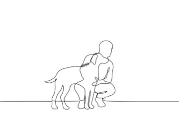 man squatted hugging dog they both look in the same direction - one line drawing vector. concept of petting dog, walking pet