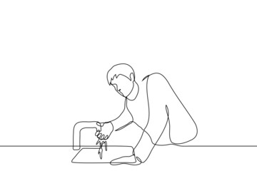 man with hangover wants to stand by the sink through his hand the water flows from the tap - one line drawing vector. tired, weakened or sick man washing yourself