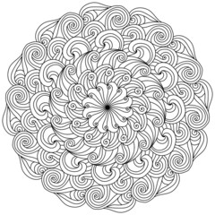 Meditative mandala in the shape of a symmetrical flower, coloring page with spiral curls