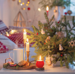 christmas home decorations with candles in red and white colors