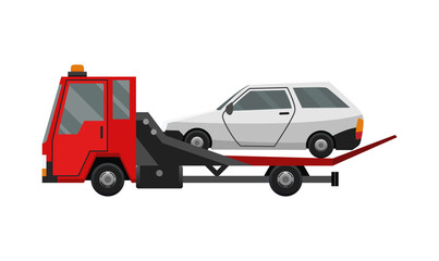 Fototapeta na wymiar Tow truck. Flat faulty car loaded on a tow truck. Vehicle repair service which provides assistance damaged or salvaged cars
