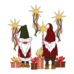 Vector illustration of elves and gifts on a white background.