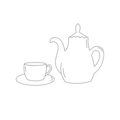 Doodle line art teapot, cup and saucer. Kitchen utensil. Isolated vector illustration 