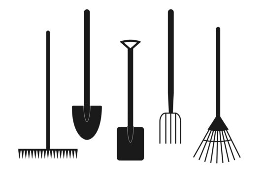  Set of garden equipment. Rake, fork, spade, shovel and hoe. Icon design. Isolated vector illustration 