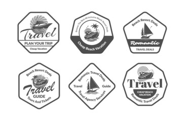 Romantic travel deals monochrome logo set vector illustration. Promotional simple emblem
