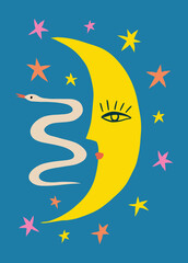 The Moon character night boho naive funky handdrawn style art