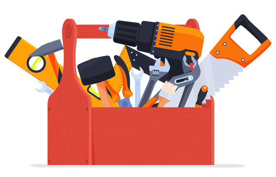 Wooden toolbox full of repair or construction instrument vector flat cartoon illustration