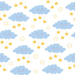 Seamless pattern of colorful smiling clouds and stars on white background. Cartoon character in flat style. Vector illustration