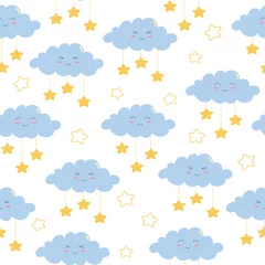 Poster Seamless pattern of colorful smiling clouds and stars on white background. Cartoon character in flat style. Vector illustration © Yaryna