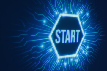 Neon blue geometric circle with  inscription start on dark background. Round virtual screen. Holographic interface to display data. 