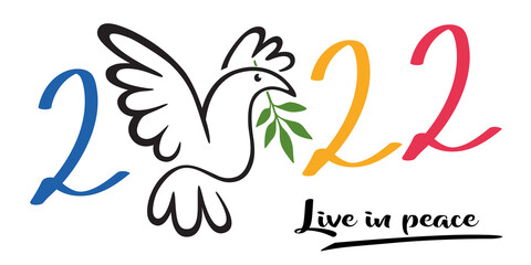 Illustration d’une colombe tenant dans son bec un rameau d’olivier, pour souhaiter une année 2022 sous le signe de la paix dans le monde.
