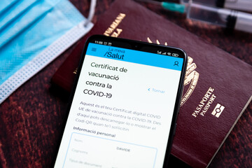 In this illustrative photo a catalan Covid passport, also called 