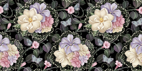 Floral seamless pattern. Garden flowers, green ivy leaves, butterflies. Hand-drawn watercolor 3D illustration. Tropical background, art, texture. Luxury wallpaper, cloth, fabric printing, paper, mural © alenarbuz