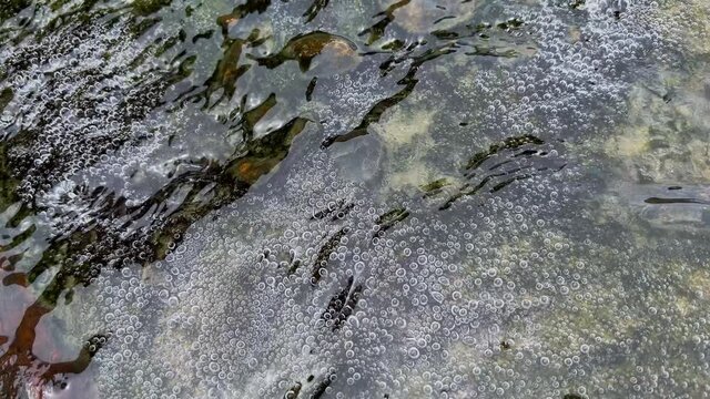 Sight produced by seawater passing through cracks in the volcanic rock of a coastal rock headland, creating the huge amount of bubbles captured in this video ideal for 
background, wallpaper etc.,