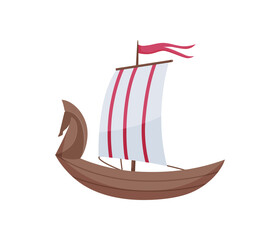 Water sailboat. Ship boat side view isolated on white background. Old ship with sail, for ocean water. Isolated transport icon