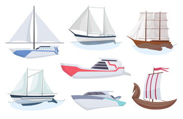 Collection of ships. Sea sailboats of water carriage and maritime transport in modern flat style. Fishing ship and water speedboats isolated transport icons