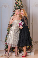 Elegant young plus size European ladies at Christmas time. Pretty holidays atmosphere	