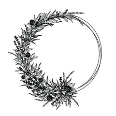 Botanical wreath. Flowers, leaves and branches, round frame. Vintage design for logo, cards, wedding invitations, postcards, stickers, fabric and textile.  White isolated background. - 471259507