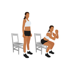 Fototapeta premium Woman doing Chair squat exercise. Flat vector illustration isolated on white background