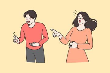 Laughing and positivity, humour concept. Smiling couple standing and laughing with mouth open pointing at something holding bellies vector illustration 