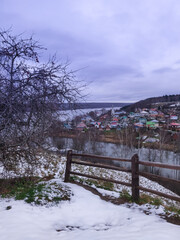 Rural Russian winter landscape with Volga river and Ples village
