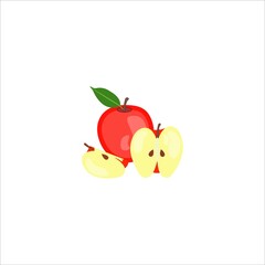 Red apples with leaf and slice isolated on a yellow background illustration high detail. Vector