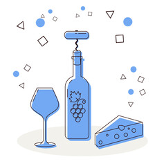 bottle of wine, glass of wine cheese and Corkscrew. Vector illustration in flat style For web, info graphics