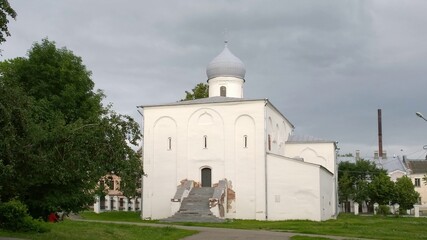 Ancient historical building of orthodox church cathedral in Russia, Ukraine, Belorus, Slavic people faith and beleifs in Christianity Velikiy Novgorod the Great