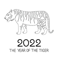 One single continuous line drawing of a tiger isolated on white background. Hand-drawn design vector illustration for posters, wall art, tote bag, mobile case, t-shirt print. New year`s 2022 symbol.