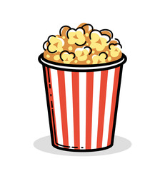 Popcorn vector cartoon style illustration isolated on white, watch movie in theater or TV at home.