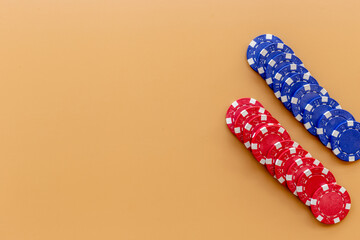 Poker gambling chips. Red and blue chips for casino games