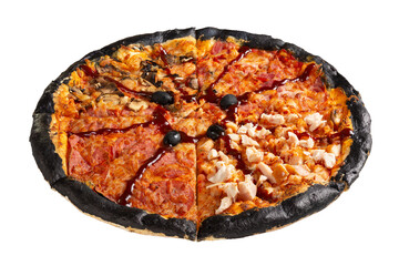Creative pizza with black edges, four types of filling and barbecue sauce.