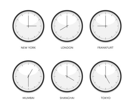 Circle clock with 12 o'clock. Vector illustration of mechanical wall clock face timers with intervals. Twelve hours. Business watch isolated on background. International timepiece display. Time zones