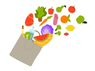Eco bag with food - meat, water, vegetables, fruits, oil. Vector flat illustration isolated on white background