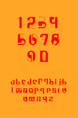 Typeface with lowercase and numerals in distorted visuals and bright colors. Inspired by psychedelic art (psychedelia). A visual displays related to the ingestion of psychedelic drugs