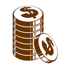 Coin stack cash money or casino chips still-life, vector icon, illustration or logo, revenue or taxes concept, pile of cents.