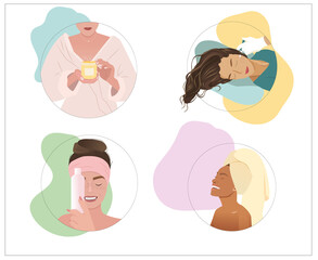 Set of beauty illustrations in pastel colors. A girl in a dressing gown, with a towel on her head after a shower, makes an injection into the face, advertises the product