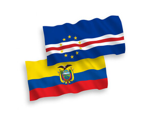 National vector fabric wave flags of Republic of Cabo Verde and Ecuador isolated on white background. 1 to 2 proportion.