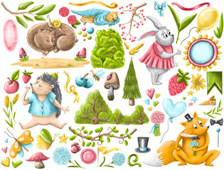 Illustration of cute childrens animals. Set.
